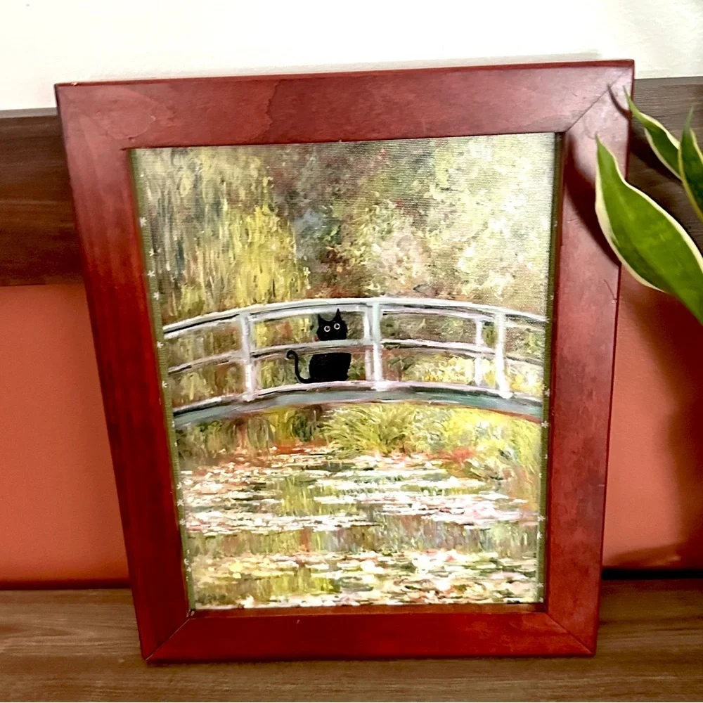 Monet Waterlily & A Black Cat Painting Repro Print Wood Framed Kitty Wall Art